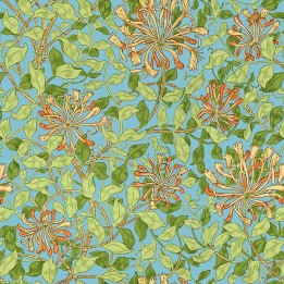 Papier peint motif floral chèvrefeuille et feuillage vert sur fond bleu ciel, style Arts and Crafts