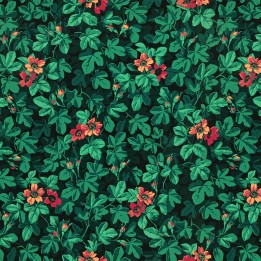 Detail of the pattern of a vintage botanical wallpaper with dense green foliage and small coral and orange flowers