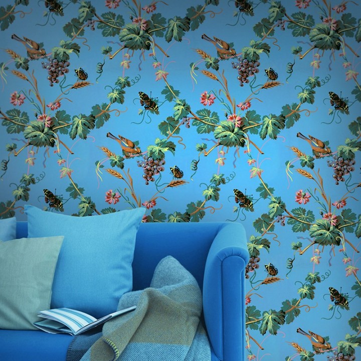 Papier peint Pampres, papillons et oiseaux