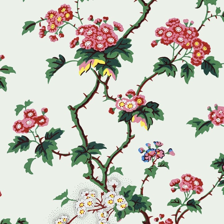 Papier peint motif floral romantique avec branches épineuses grimpantes et fleurs d'églantine roses sur fond pastel