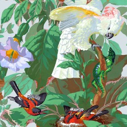 Détail Papier peint oiseaux exotiques et fleurs tropicales dans un décor jungle luxuriant