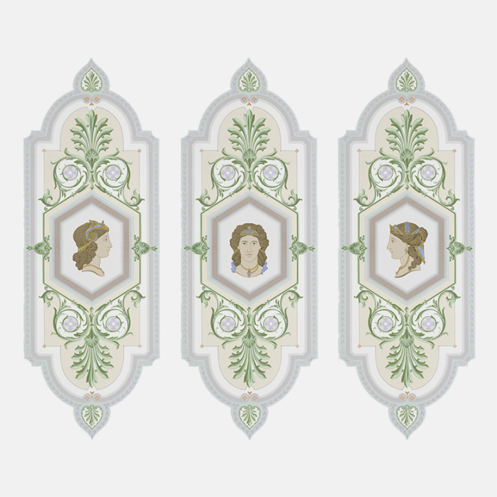 Trompe-l'œil wallpaper medallion painting. Parthenon frescoes