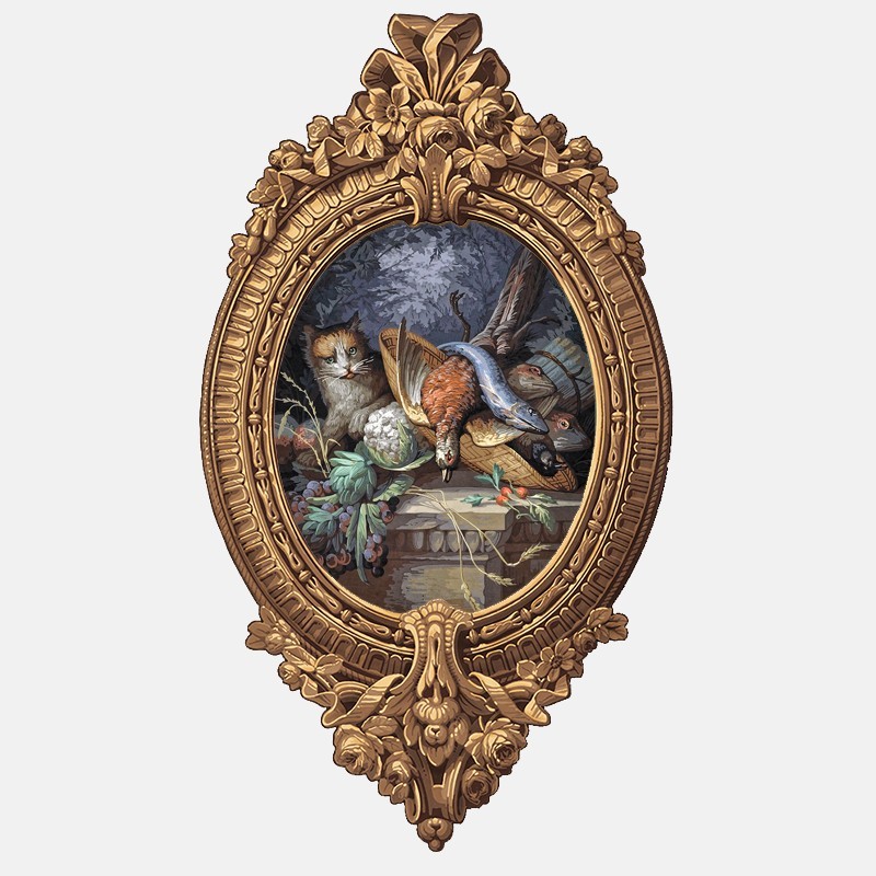 Trompe-l'oeil wallpaper medallion - Hunting and wild cat