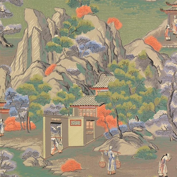Papier peint chinoiserie pastel avec paysage asiatique, pavillons, montagnes, arbres et personnages