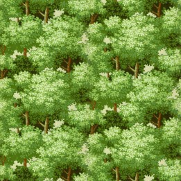 Panoramic wallpaper representing a forest canopy with a dense and bright green foliage