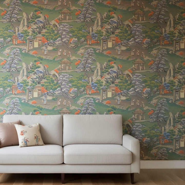 Wallpaper Landscape Chinese - Pastel chinoiserie with pavilions