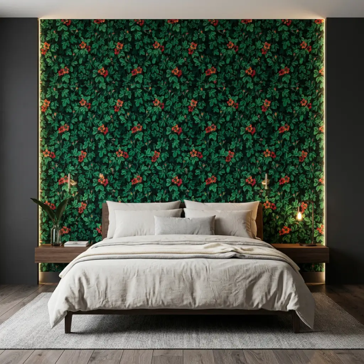 Papier peint botanique vintage avec feuillage vert dense et petites fleurs corail et orange en tete de Lit
