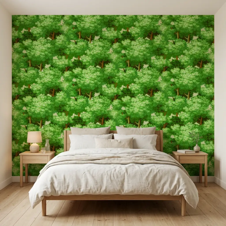 Chambre  avec un papier peint panoramique au motif de feuillage dense vert forêt, utilisé comme tête de lit.