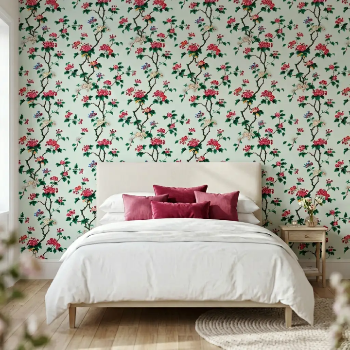 Romantic floral pattern wallpaper with climbing spiny branches and pink eglantine flowers on pastel background