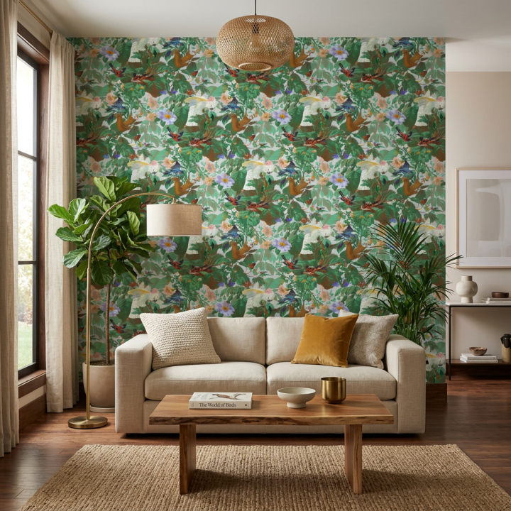 Papier peint oiseaux exotiques et fleurs tropicales dans un décor jungle luxuriant