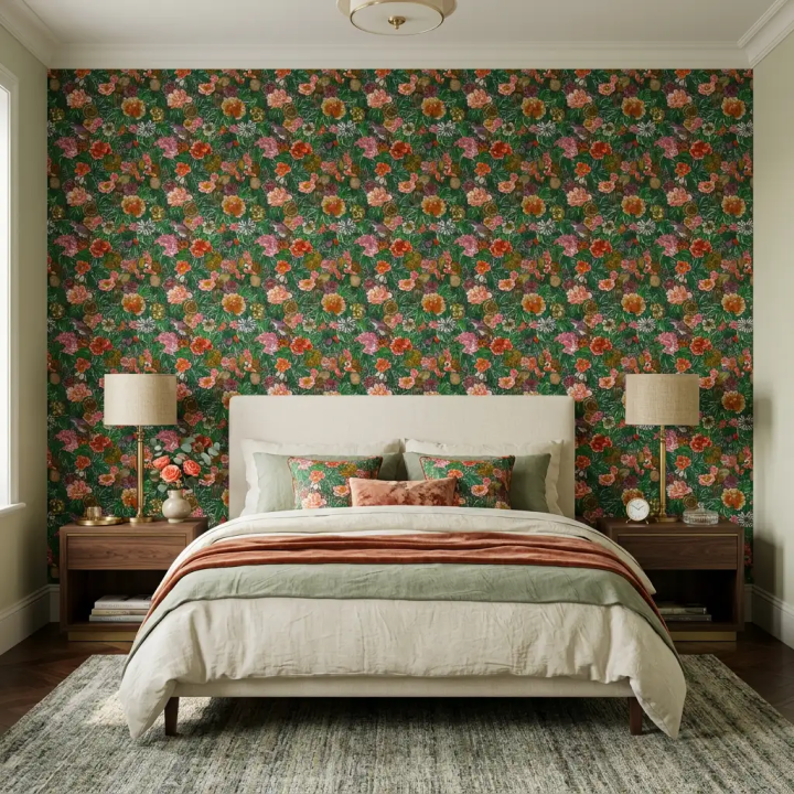 Papier Peint Jardin Mêli-Mélo | Motif Floral et Oiseaux Vintage