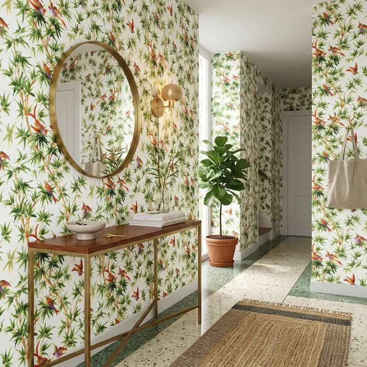 Exotic paradise bird wallpaper in an entrance hall